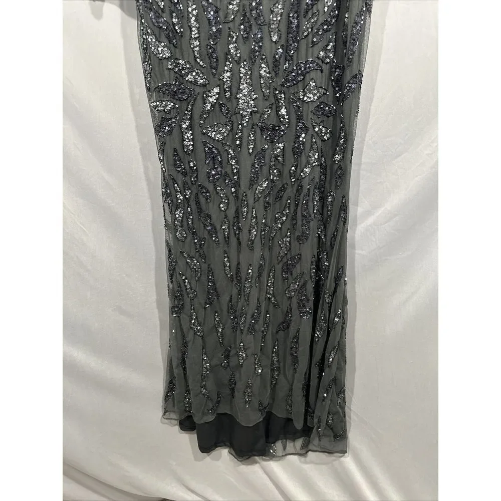 NWT $598 Mac Duggal [‎ 8 ] Beaded Long Sleeve Evening Gown 5124 Charcoal